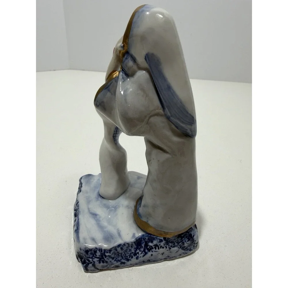 White & Blue Ceramic Sculpture A Woman is Blessing For Shabbat Candles 6.5